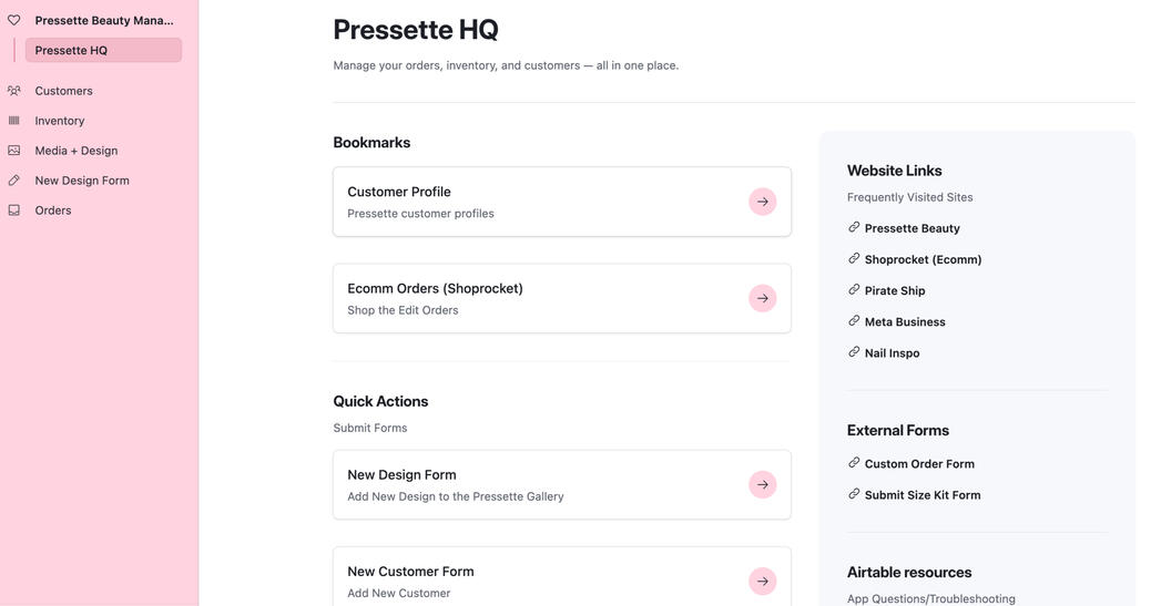 A centralized operations dashboard built in Airtable. A custom interface that organizes customer profiles, inventory, orders, and submission forms into a single streamlined workspace. Designed to simplify daily tasks and support a smooth backend experience